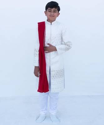 White embroidered georgette sherwani set 1