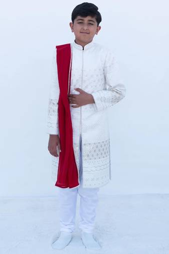 White embroidered georgette sherwani set