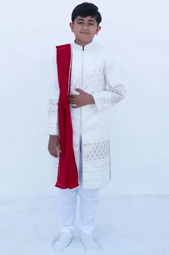 White embroidered georgette sherwani set