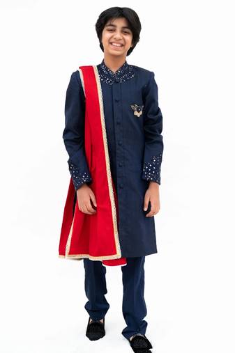 Blue Embroidered silk Sherwani Set