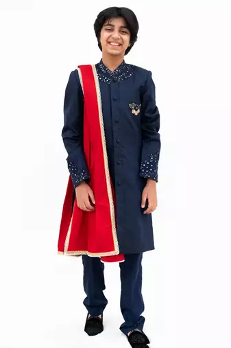 Blue Embroidered silk Sherwani Set