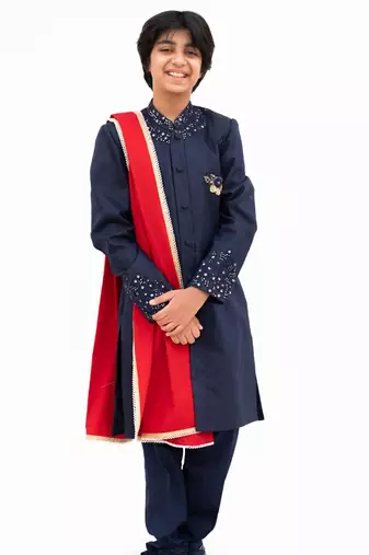 Blue Embroidered silk Sherwani Set