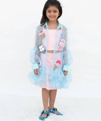 Pink plain cotton silk Co Ord Set With blue Jacket 1