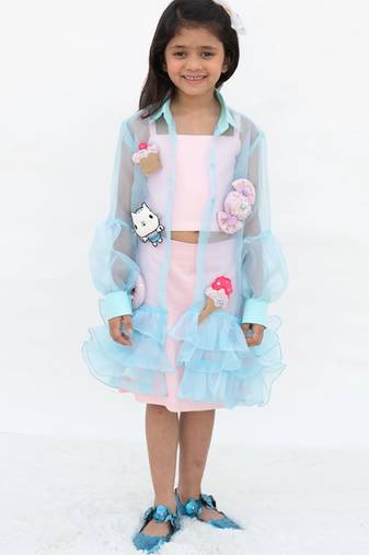 Pink plain cotton silk Co Ord Set With blue Jacket