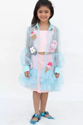 Pink plain cotton silk Co Ord Set With blue Jacket