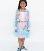 Pink plain cotton silk Co Ord Set With blue Jacket