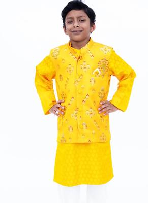 Yellow Floral Embroidered Brocade Nehru Jacket Set 1