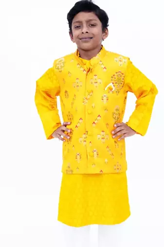 Yellow Floral Embroidered Brocade Nehru Jacket Set