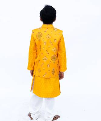 Yellow Floral Embroidered Brocade Nehru Jacket Set 2