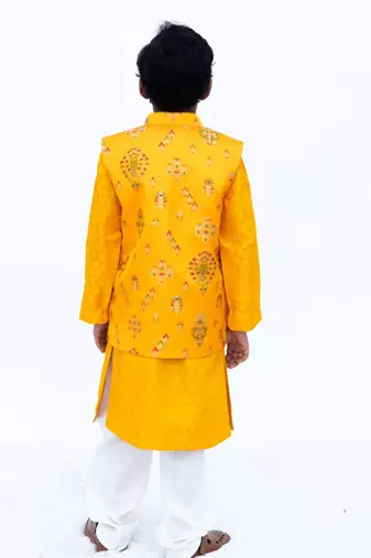 Yellow Floral Embroidered Brocade Nehru Jacket Set