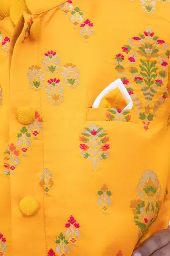 Yellow Floral Embroidered Brocade Nehru Jacket Set