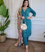 Teal Viscose Embroidery Straight Kurta with Pant And Dupatta Set