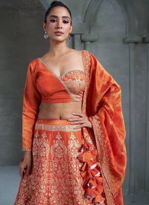 Orange Viscose Tissue Embroidered Stitched Lehenga Choli With Duptta  1