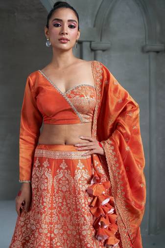 Orange Viscose Tissue Embroidered Stitched Lehenga Choli With Duptta 