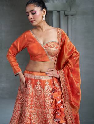 Orange Viscose Tissue Embroidered Stitched Lehenga Choli With Duptta  2