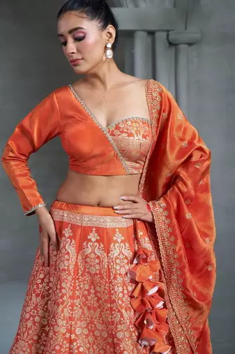 Orange Viscose Tissue Embroidered Stitched Lehenga Choli With Duptta 