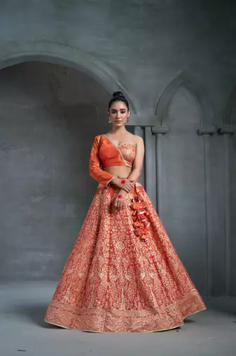 Orange Viscose Tissue Embroidered Stitched Lehenga Choli With Duptta 