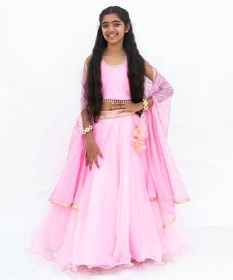 Pink organza plain lehenga for girls 1