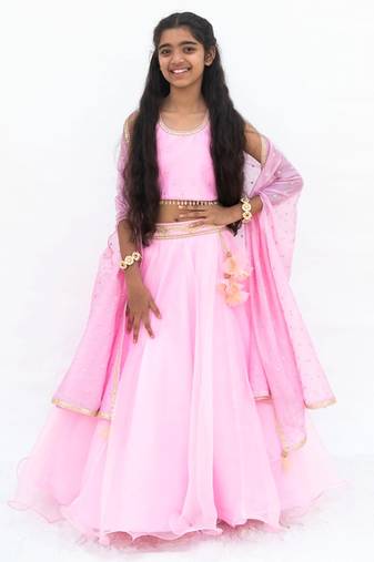 Pink organza plain lehenga for girls