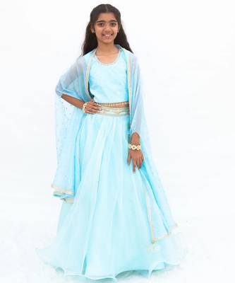 Blue organza plain lehenga for girls 1