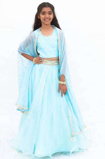 Blue organza plain lehenga for girls