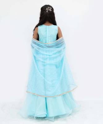 Blue organza plain lehenga for girls 2