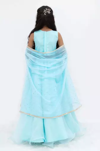 Blue organza plain lehenga for girls