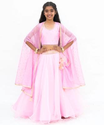 Pink organza plain lehenga for girls 5
