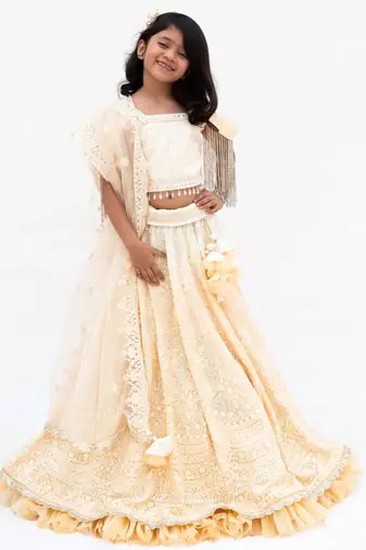 Beige georgette embroidered lehenga for girls