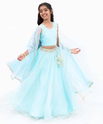 Blue organza plain lehenga for girls 4