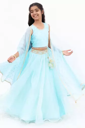 Blue organza plain lehenga for girls