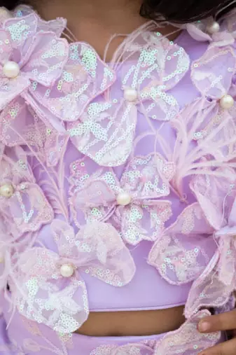 Purple net embroidered lehenga for girls