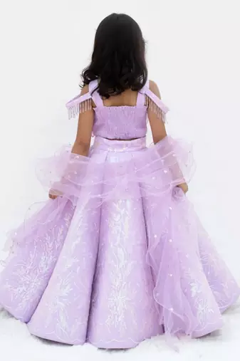 Purple net embroidered lehenga for girls