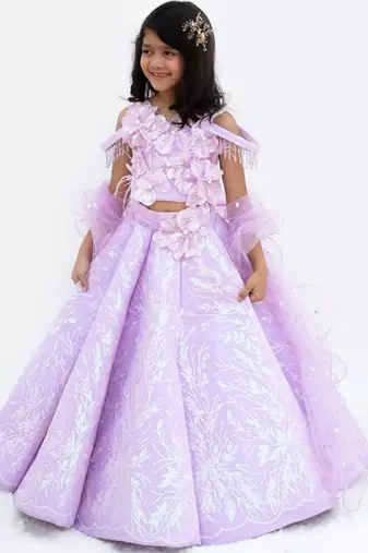 Purple net embroidered lehenga for girls
