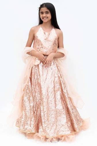 Peach net embroidered lehenga for girls