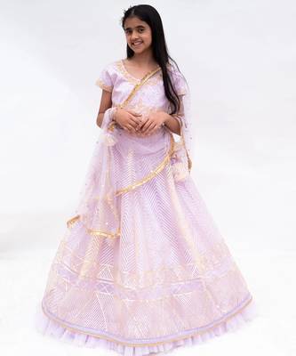 Purple net embroidered lehenga for girls 1