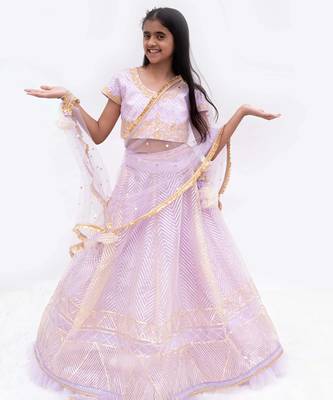 Purple net embroidered lehenga for girls 2