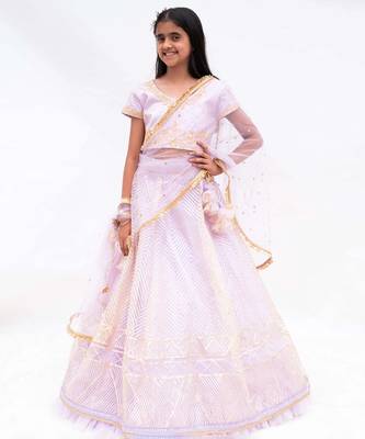 Purple net embroidered lehenga for girls 3