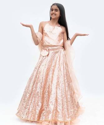 Peach net embroidered lehenga for girls 4