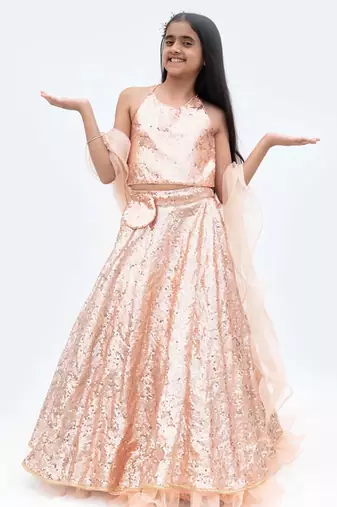 Peach net embroidered lehenga for girls