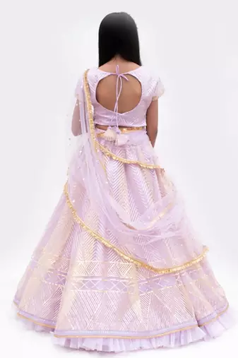 Purple net embroidered lehenga for girls