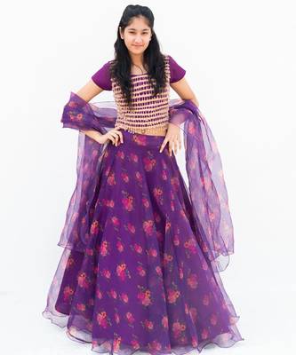 Purple organza printed lehenga for girls 1