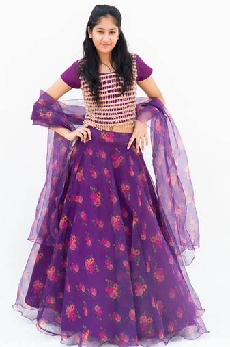Purple organza printed lehenga for girls