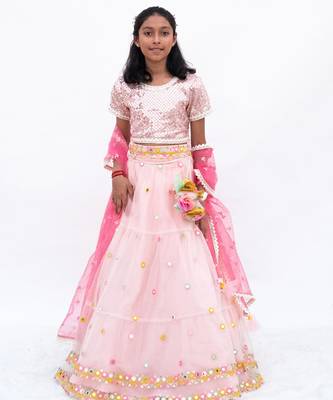 Pink net embroidered lehenga for girls 1