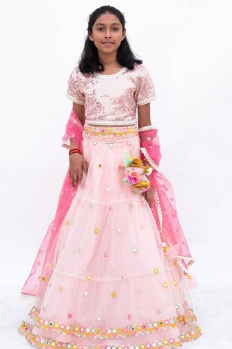 Pink net embroidered lehenga for girls