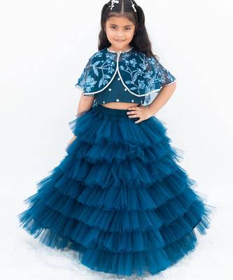 Teal blue net plain lehenga for girls 1