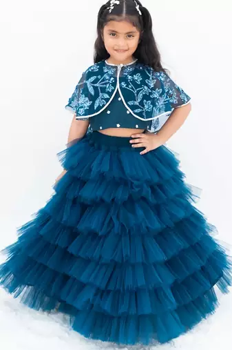 Teal blue net plain lehenga for girls