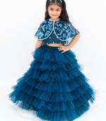 Teal blue net plain lehenga for girls