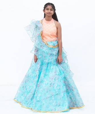 Blue organza printed lehenga for girls 1