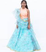 Blue organza printed lehenga for girls